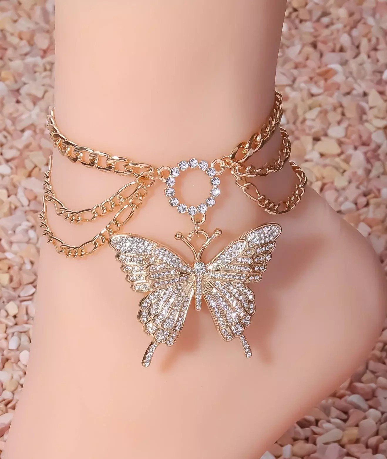 Rhinestone Butterfly Charm Layered Anklet
